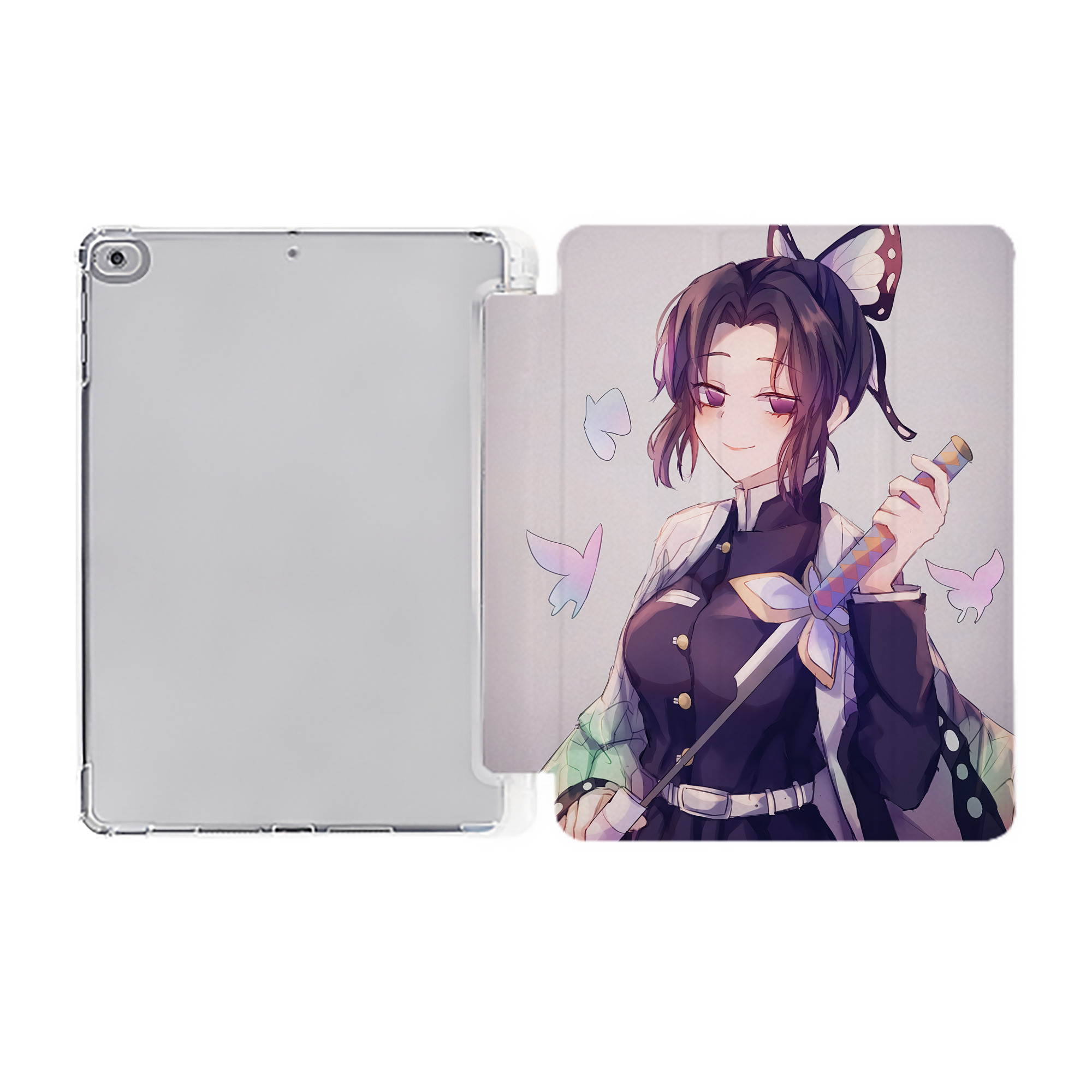 （画像用） 鬼滅の刃（きめつのやいば）蟲柱-胡蝶 しのぶ／こちょう しのぶ Kochou Shinobu IPad ケース ペン収納付き 三つ折りスタンド PUレザー×シリコン 対応機種9.5/10.5/10.9インチ
